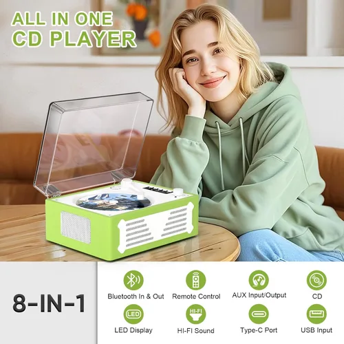 Vista 5 de Reproductor de CD Retro con Transmisor Receptor Bluetooth, Altavoces Estéreo HiFi, Pantalla LED, Puertos USB/AUX/Auriculares, Recargable