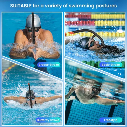 Vista 7 de Snorkel de nadador para natación regazo, equipo de esnórquel para adultos, entrenamiento de natación, boquilla de silicona de montaje central