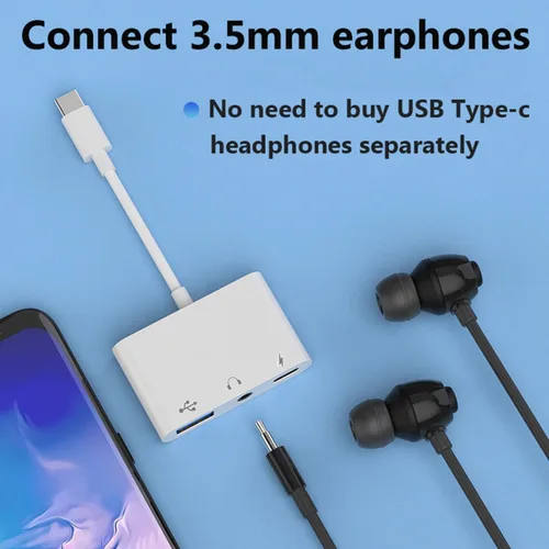 Vista 3 de Adaptador USB C a USB para MacBook, divisor USB C a USB-A OTG 3 en 1 con conector de audio de 0.138 in y puerto de carga rápida PD compatible