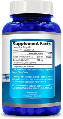 Vista 3 de Generic Vitamina natural nicotinamida con resveratrol 600 mg (vitamina B-3) 120 cápsulas vegetarianas sin gluten y sin OMG