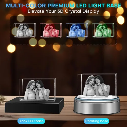 Vista 3 de Marco de Fotos Personalizado de Cristal 3D Rectangular Pequeño (Horizontal) – Premium: Base LED Multicolor, Envoltorio para Regalo y Tarjeta 3D