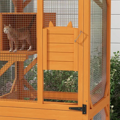 Vista 8 de Casa grande para gatos con caja de descanso alta, catio de madera de 71 pulgadas con techo de asfalto, recinto para gatos en interiores y exteriores