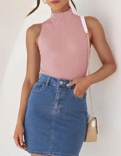 Vista 3 de ZESICA Camisetas sin mangas de verano para mujer, cuello de tortuga, de punto acanalado, ajustadas, básicas, casuales