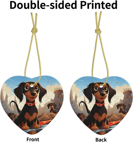Vista 3 de I Love My Dog Dachshunds Adornos de Navidad de cerámica adorno de corazón para árbol de Navidad, corazón colgante de cerámica para árbol de Navidad