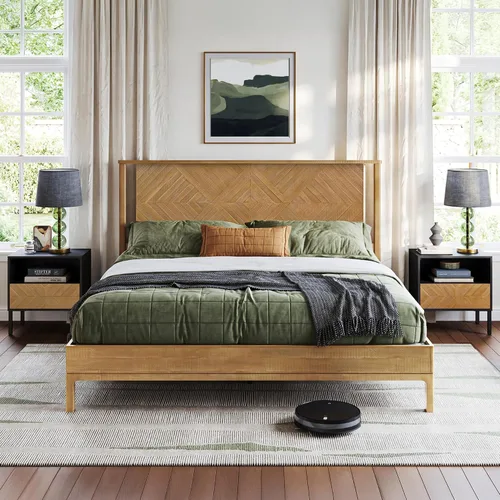 Vista 17 de Bme Ethan - Base de cama Queen con cabecera de diamante, moderna de mediados de siglo, madera de acacia maciza, no necesita somier, se adapta a