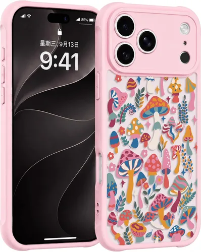 Vista 31 de Compatible para iPhone 13 Funda Linda Estética - Funda de Teléfono Rosa con Protector de Cámara - Diseño de Cubierta con Estampado de Hongos