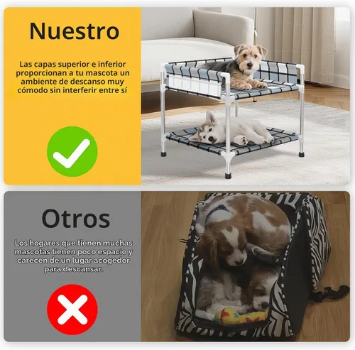 Vista 4 de Litera para Perros con Ventana de Cabecera - Cama Doble Elevada para Perros y Humanos con Barandilla de 2 Capas, Percha de Ventana para Perros, Cuna