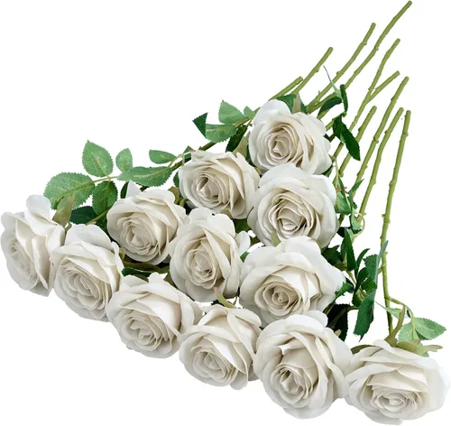 Vista 12 de 12 piezas Rosas Flores Artificiales Rosas Falsas Azul Bebé Rosas de Seda Flores de Seda Blancas Rosas con Tallos Largos para Bodas Hogar Fiestas