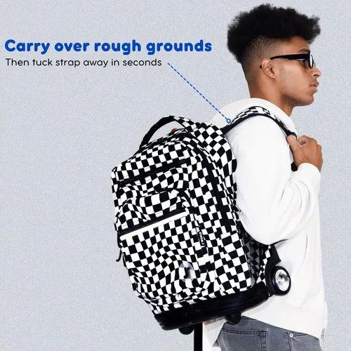 Vista 8 de J World Sundance Mochila Rodante para Laptop para Niñas y Niños. Mochila Escolar con Ruedas, Rombos negro, 20 pulgadas