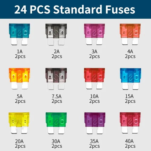 Vista 3 de Portafusibles ATC/ATO, 5 paquetes de portafusibles de hoja automotriz en línea con 24 fusibles estándar para automóvil, 1A, 2A, 3A, 4A, 5A, 7.5A