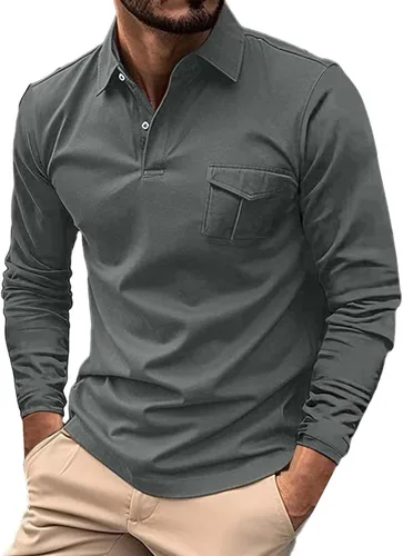 Vista 27 de Polo de manga larga para hombre, diseño casual de algodón con bolsillo, cuello clásico con botón para golf