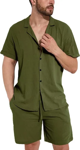 Vista 2 de THWEI Conjunto de 2 piezas para hombre, camisa de manga corta, casual, algodón, con botones, para verano, playa, vacaciones
