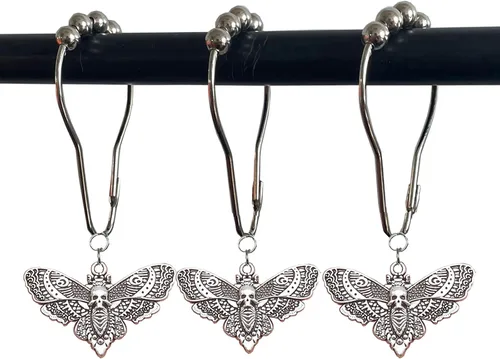 Vista 8 de Anillos de cortina de ducha con cabeza de muerte de calavera de Hawkmoth, 12 piezas de polilla muerta con cara de calavera para Halloween, anillos
