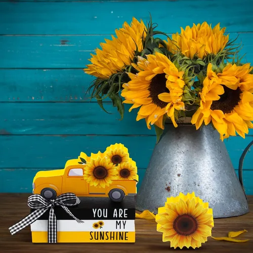 Vista 8 de Yookeer 5 piezas de girasoles para decoración de bandejas escalonadas, decoración de girasol, letrero de madera de verano, centro de mesa de sol
