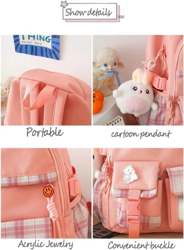 Vista 3 de HCOOLE Mochila Kawaii de 5 piezas con bonitos colgantes de felpa e insignia, mochila escolar de alta capacidad de 19 galones, bonita mochila