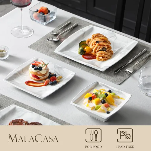 Vista 3 de MALACASA Juego de platos y cuencos, juego de vajilla de porcelana de 12 piezas para 4, platos cuadrados y cuencos para postre, ensalada y sopa