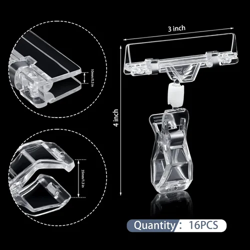 Vista 4 de Mlici 16 clips transparentes para letreros, soporte giratorio de plástico para mercancía, clips giratorios para ropa, clips de doble pantalla