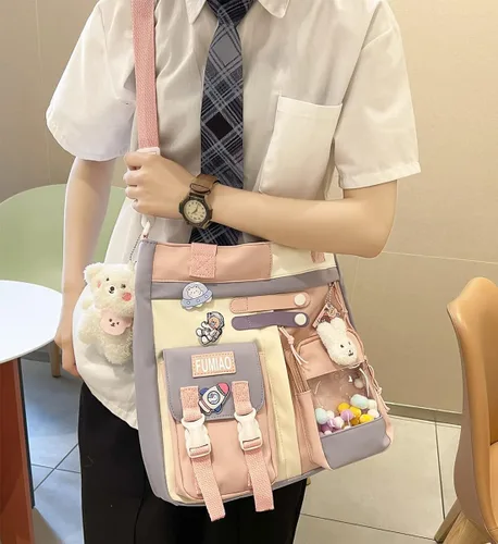 Vista 3 de Bolso bandolera estético con pines Kawaii y colgante para mujer, lindo bolso cruzado de hombro, bolso casual
