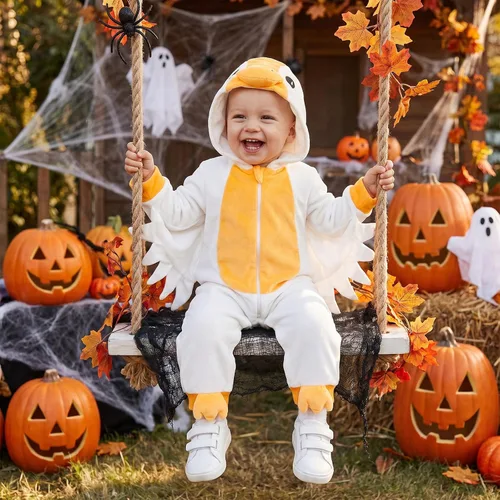 Vista 7 de Mameluco con capucha para bebé recién nacido, disfraz de ganso de Halloween Disfraz de ganso amarillo con capucha