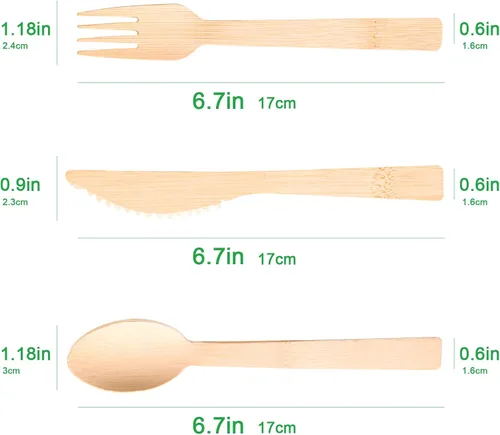 Vista 4 de Utensilios de bambú -100 PK (50 tenedores, 25 cucharas, 25 cuchillos) 6.7 pulgadas, tenedores compostables, cucharas, cuchillos, cubiertos de bambú