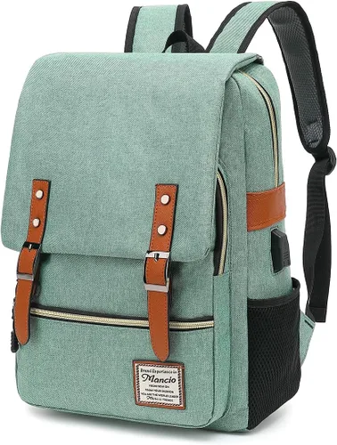 Vista 10 de Mancio Mochila vintage delgada para laptop para mujeres y hombres, bolsa universitaria de negocios resistente a desgarros con puerto de carga USB