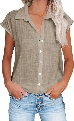 Vista 62 de Ceboyel Camisas para mujer de moda de verano, algodón, lino, manga corta, cuello con botones, blusa casual para mujer 2023