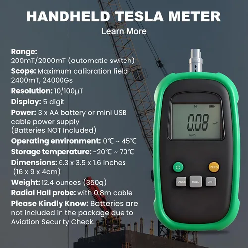 Vista 5 de TES12A Gauss Tesla Tester Digital Gauss Meter Surface Magnetic Field Meters Metal Probe Guassmeter with NS Function