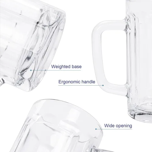 Vista 3 de Paquete de 4 tazas de vidrio resistentes, vasos de cerveza grandes de 16 onzas con asa, aptas para congelador, juego de tazas de cerveza clásicas