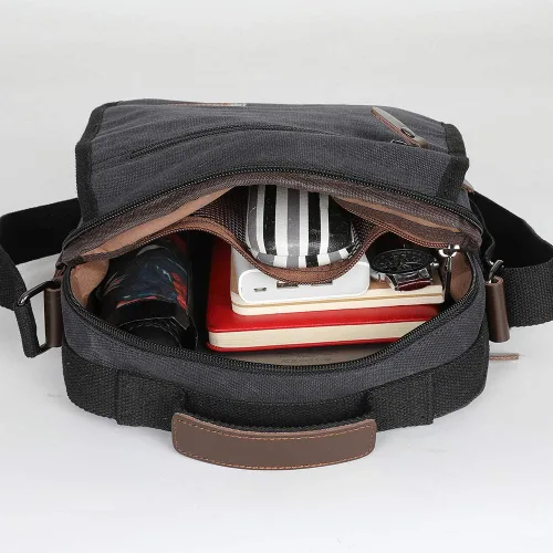 Vista 3 de XINCADA Bolso de mensajero para hombre, bolso de hombro de lona, bolso de viaje, bolso cruzado para el trabajo, negocios, Carbón negro