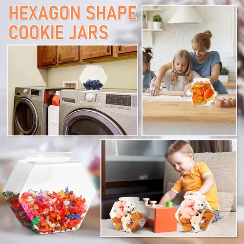 Vista 5 de EBOOT 4 tarros de plástico de 29 onzas para galletas de caramelo para encimera de cocina, tarro hexagonal con tapa, recipientes transparentes