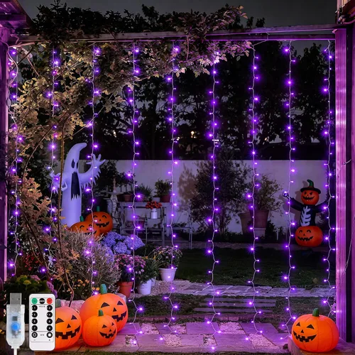 Vista 9 de JMEXSUSS 200 luces LED de cortina rojas, blancas y azules, 6.5 pies x 6.5 pies, 4 de julio, luces USB enchufables, 8 modos patrióticos de cortina