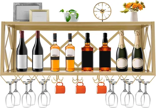 Vista 11 de Estante pesado para vino montado en la pared, soporte de doble capa para copas de vino de 59.06 pulgadas, estante colgante de metal industrial