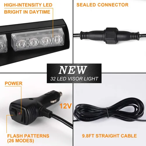 Vista 3 de ASPL 32 Luces LED para Visera 26 Patrones de Destello Parabrisas Emergencia Advertencia de Peligro Luz Estroboscópica Baliza Montaje Dividido Ámbar