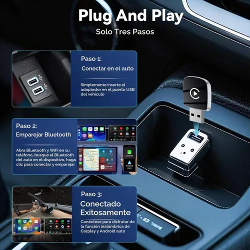 Vista 4 de Adaptador Inalámbrico CarPlay 2026 Mejorado para iPhone, 2 en 1 para Apple CarPlay y Android Auto, Convierte Cableado a Inalámbrico, Plug & Play
