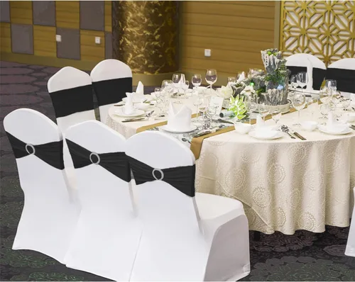 Vista 8 de Paquete de 50 bandas negras de elastano para sillas de boda, lazos con hebillas para fiestas, cumpleaños, fiestas, banquetes de jubilación