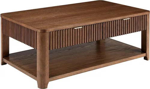 Vista 8 de HULALA HOME Mesa de centro moderna acanalada con almacenamiento, mesa de centro de chapa de roble de madera con mesa ancha, 2 cajones y estante Nogal