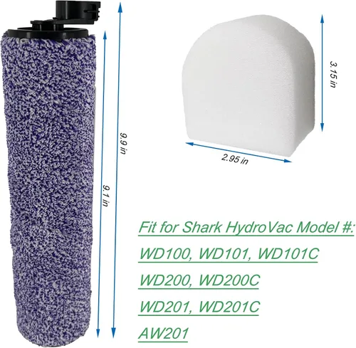 Vista 2 de Dttery 2 rollos de cepillo y 4 filtros de espuma de repuesto para Shark WD100 WD101 WD160 WD161 WD200 WD201 WD261 AW201 AW261 AW302 HydroVac Pro XL