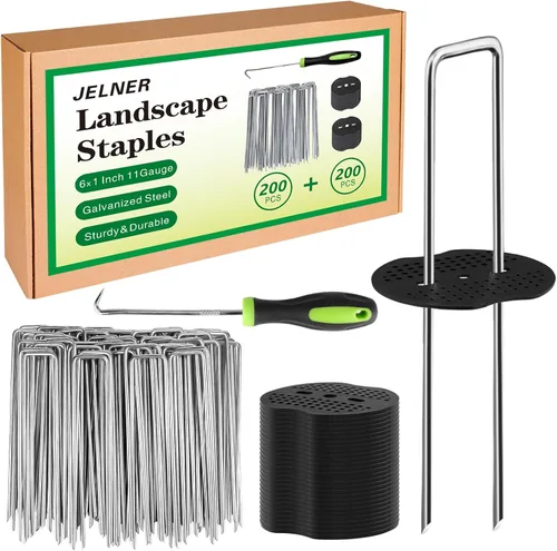 Vista 8 de JELNER Estacas de Jardín, grapas de paisaje galvanizadas de 15 cm, calibre 11, 20 unidades + 20 juntas + 1 gancho de pico, estacas para carpas, tela