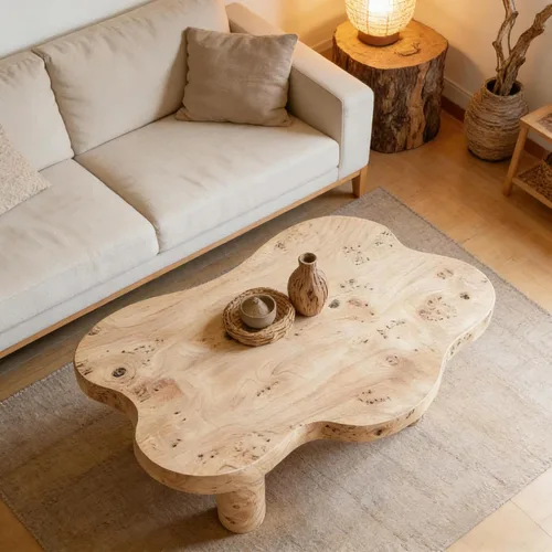 Vista 7 de WILLIAMSPACE Mesa de centro de nube de 39.7 pulgadas con chapa de madera Burl y 4 patas redondas, moderna mesa central de madera con patrón de nudo