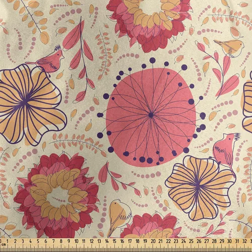 Vista 2 de Lunarable Spring Fabric by The Yard, Pastel Nature Botany Floral Theme with Curvy Lines Stems Petals Birds Dots, Decorative Satin Fabric for Home
