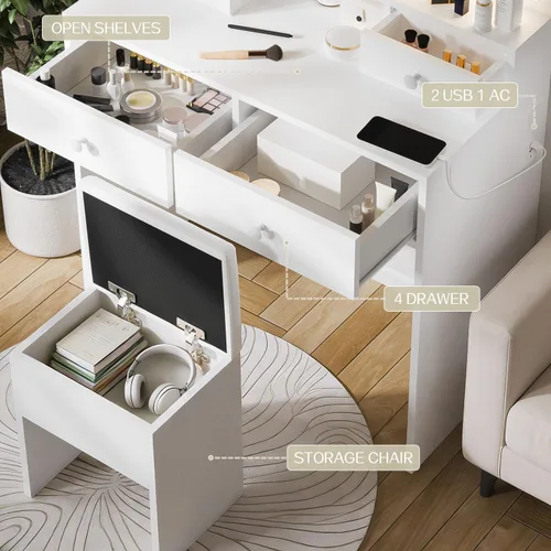 Vista 3 de Haewon - Escritorio de tocador con espejo LED, toma de corriente y silla de almacenamiento, color blanco Mesa de maquillaje con 3 modos de luz, 4