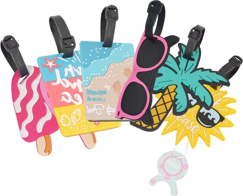 Vista 5 de OVOV Paquete de 6 lindas etiquetas de equipaje para maletas, vacaciones de verano, etiquetas personalizadas para bolsas de viaje tropicales con lazo