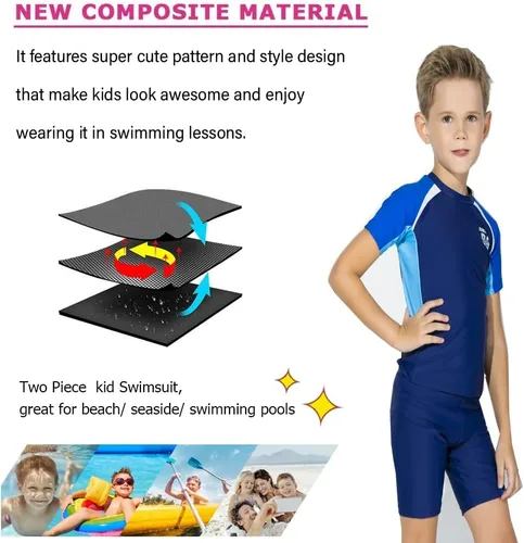 Vista 4 de karrack Traje de baño de dos piezas con protección solar UPF 50+ para niños, azul, gris (Dark Blue Grey)