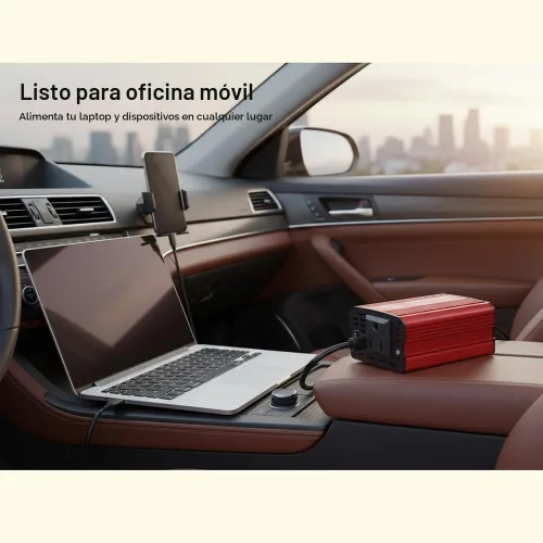 Vista 2 de Inversor de corriente de coche rojo de 150W, convertidor de 12V DC a 110V AC, adaptador de enchufe de vehículo con cargador de coche USB dual
