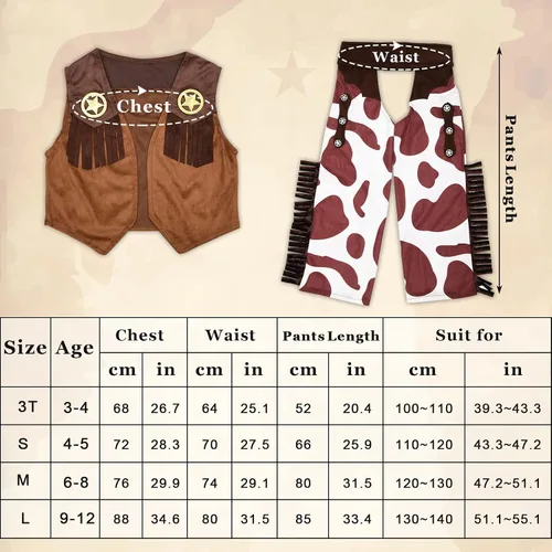 Vista 6 de Kids Cowboy Costume Boys Halloween Dress Up Cosplay Set Birthday Party Role Play Western Chaps Outfit Hat Accessories