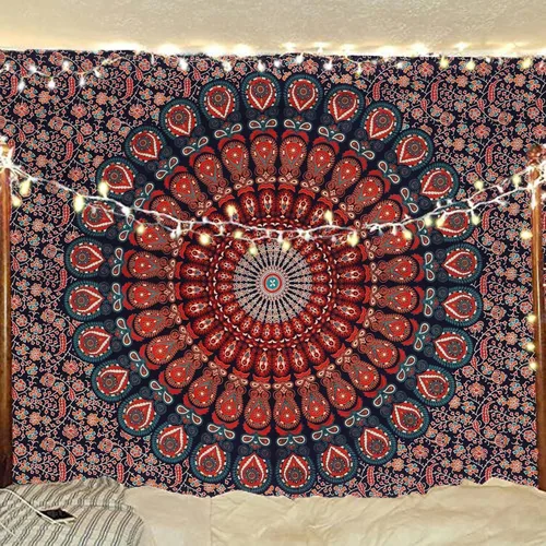 Vista 26 de Tapiz hippie indio bohemio psicodélico dorado azul pavo real mandala colgante en la pared (negro blanco, Queen (84 x 90 pulgadas) (84.6 x 90.6 in)