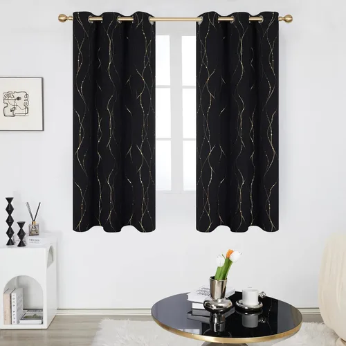 Vista 2 de Deconovo - Cortinas opacas con diseño dorado estampado y ojales, negro, de 42 pulgadas de ancho x 45 pulgadas de largo