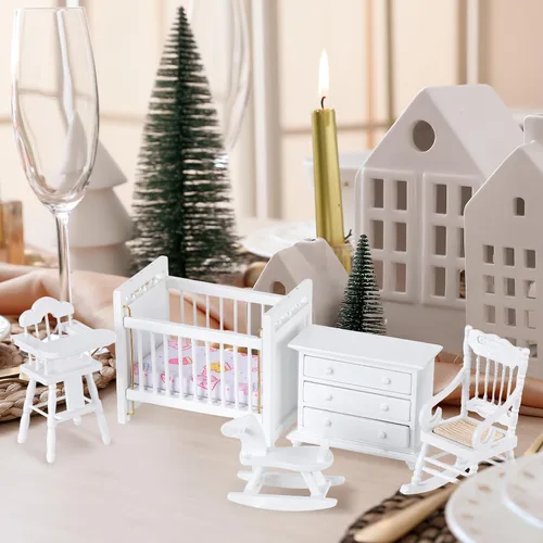 Vista 6 de Silipull Juego de 5 piezas de muebles de madera para casa de muñecas escala 1:12, miniatura, muebles de dormitorio de madera, accesorios de casa