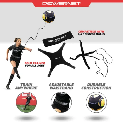 Vista 3 de PowerNet Solo Rebote, entrenador de habilidades de pelota de fútbol ajustable para patear, lanzar y malabarear, equipo de entrenamiento de fútbol