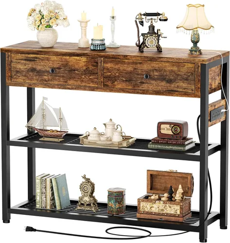 Vista 15 de Ecoprsio Mesa de Entrada con Tomacorrientes y Puertos USB, Mesa Consola con 2 Cajones, Mesa de Sofá Pequeña con Estantes de Almacenamiento para Sala